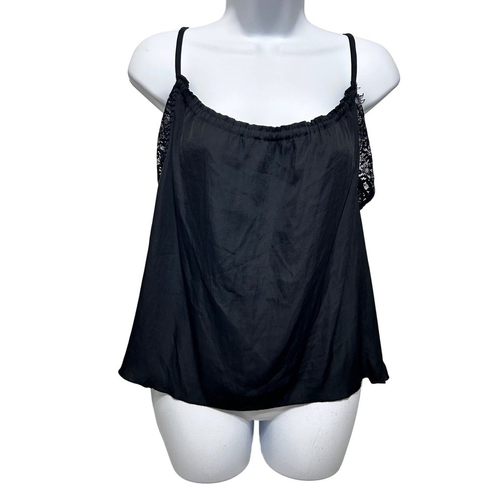 Natural Life Women Lace Trim Satin Babydoll Cami M Black Boho Festival Y2K Indie